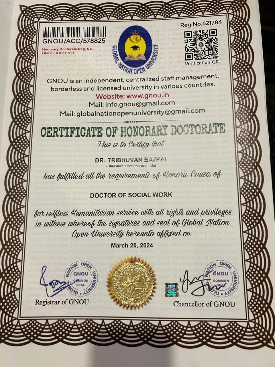 Certificate of Honorary Doctorate from Global Nation Open University, Doctor of Social Work, dated 20 March 2024
